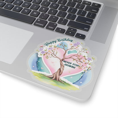 Happy Birthday Sticker, Never Stop Growing Floral Watercolor Wreath Vinyl Sticker, Encouragement Gift Uplifting Birthday Quote Art Gift
