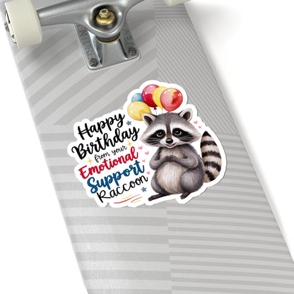 Raccoon Birthday Sticker, Emotional Support Animal Funny Gift Vinyl, Waterproof Decal Cute Animal Hug Balloons Encouragement Sticker
