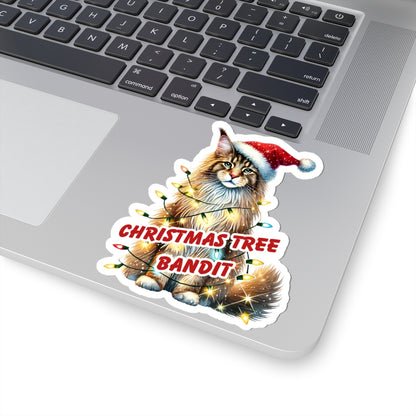 Christmas Tree Bandit Sticker, Maine Coon Cat Kiss Cut Sticker, Funny Xmas Cat Gift, Holiday Vinyl Sticker, Festive Laptop Journal Planner Art