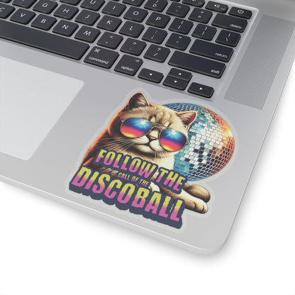 Follow The Call Of The Disco Ball Cat Sticker, Retro 70s Vinyl Waterproof Durable Laptop, Water Bottle Sticker