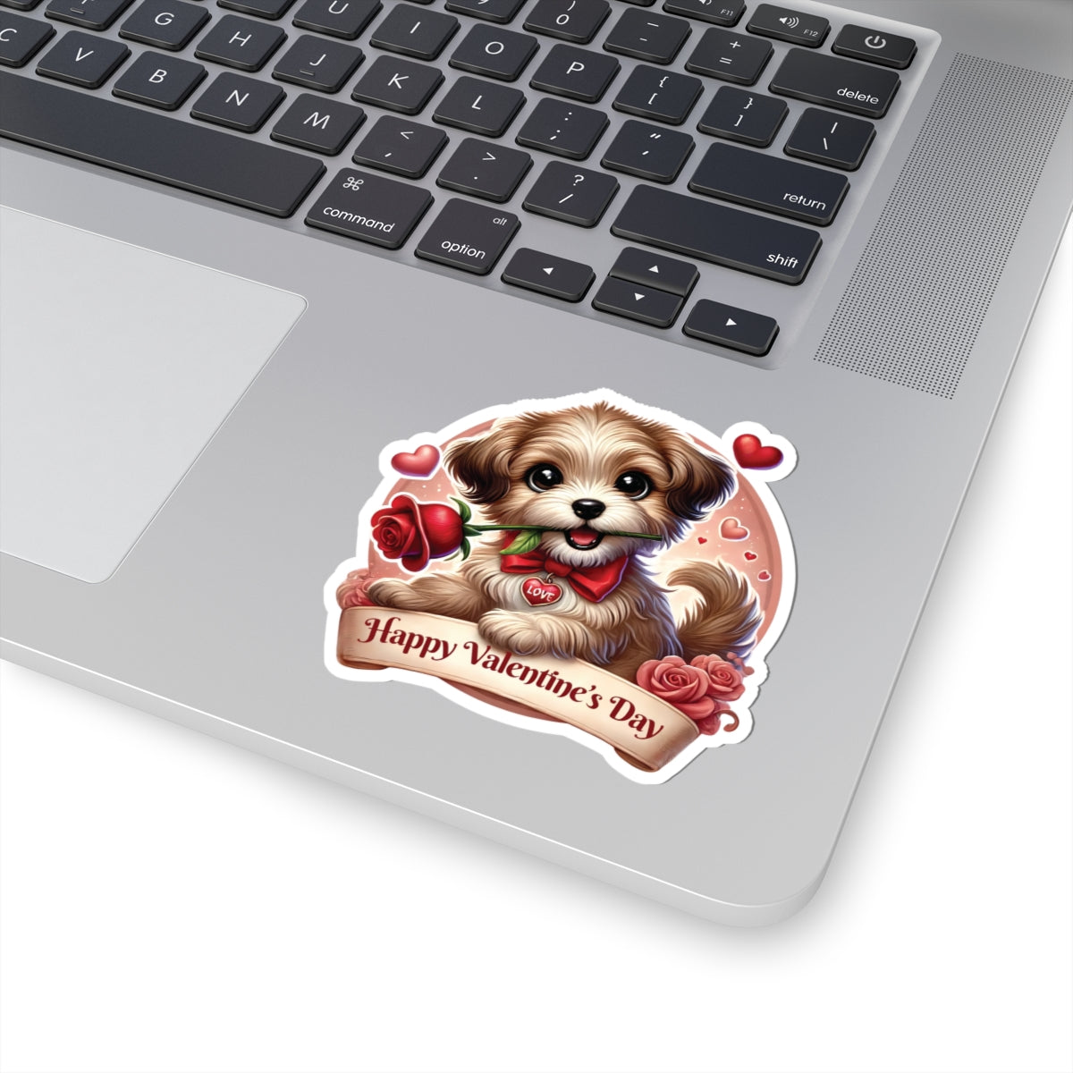 Valentines Day Puppy Sticker, Cute Dog With Rose, Gift For Her, Romantic Vinyl Decal Heart Bow Kiss Cut Waterproof Laptop Water Bottle Journal