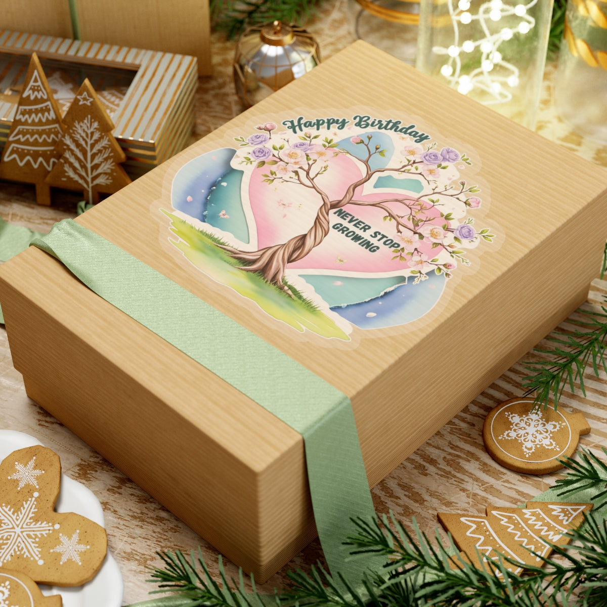 Happy Birthday Sticker, Never Stop Growing Floral Watercolor Wreath Vinyl Sticker, Encouragement Gift Uplifting Birthday Quote Art Gift