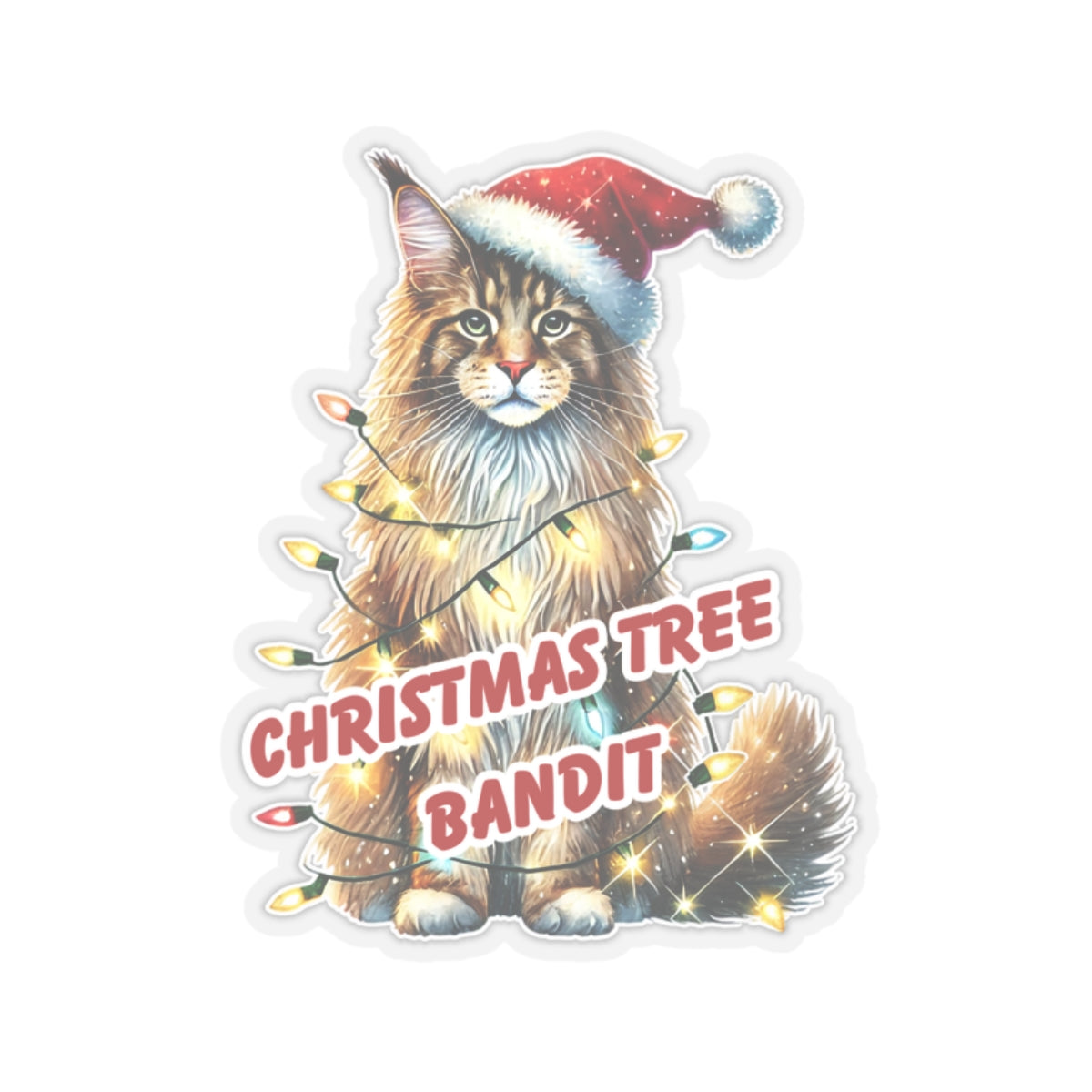 Christmas Tree Bandit Sticker, Maine Coon Cat Kiss Cut Sticker, Funny Xmas Cat Gift, Holiday Vinyl Sticker, Festive Laptop Journal Planner Art