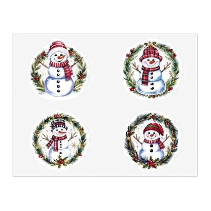 Four Snowman Sticker Set, Winter Holiday Decals, Christmas Snowmen Vinyl Stickers, Wreath Art For Laptop, Planner, Scrapbook, Mug,Journal