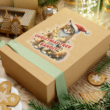Christmas Tree Bandit Sticker, Maine Coon Cat Kiss Cut Sticker, Funny Xmas Cat Gift, Holiday Vinyl Sticker, Festive Laptop Journal Planner Art