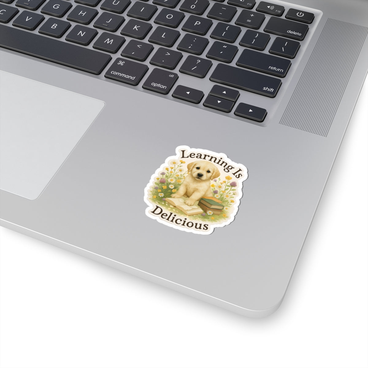Learning Is Delicious Sticker, Yellow Labrador Puppy Reading Book Sticker, Wildflower Meadow Dog Vinyl Decal, Cute Bookish Gift For Dog Lovers