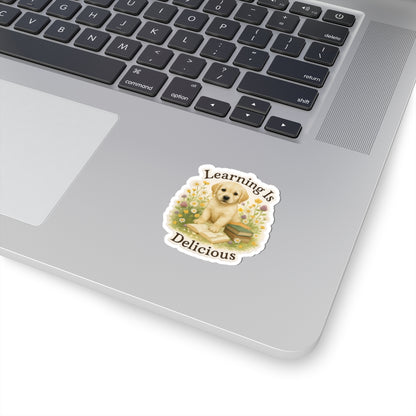 Learning Is Delicious Sticker, Yellow Labrador Puppy Reading Book Sticker, Wildflower Meadow Dog Vinyl Decal, Cute Bookish Gift For Dog Lovers