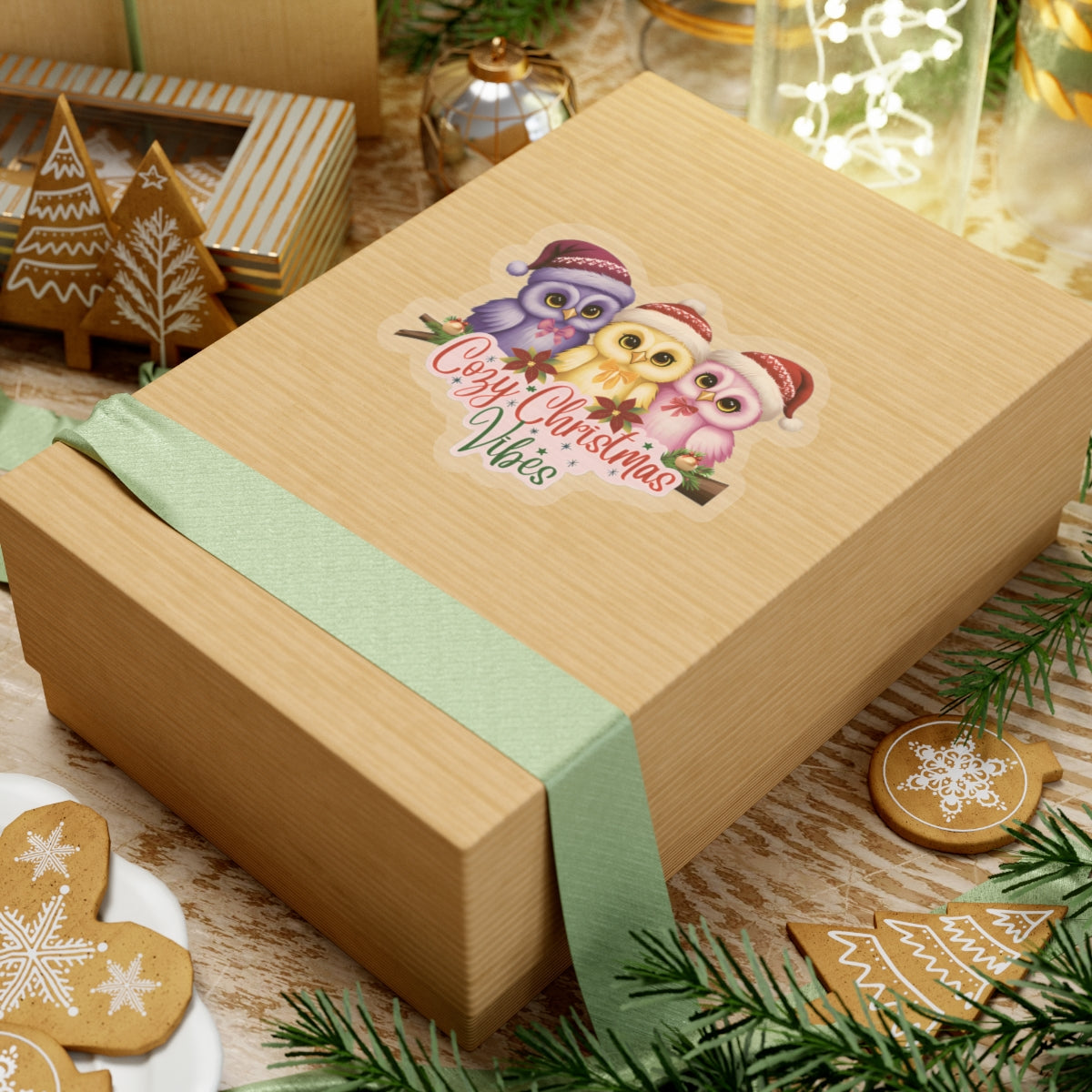 Cozy Christmas Vibes Owl Sticker, Cute Winter Holiday Sticker, Kiss Cut Waterproof Vinyl Sticker, Festive Gift Idea For Planners Scrapbooks