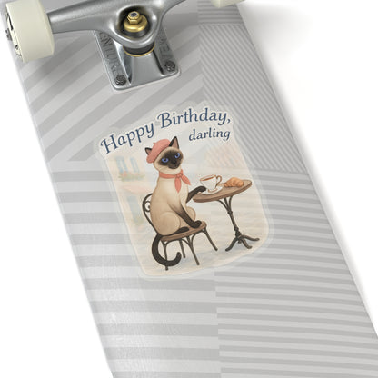 Happy Birthday Sticker, Cute Siamese Cat French Cafe Drinking Coffee, Watercolor Birthday Card Alternative, Cat Birthday Sticker, Cat Lover Gift