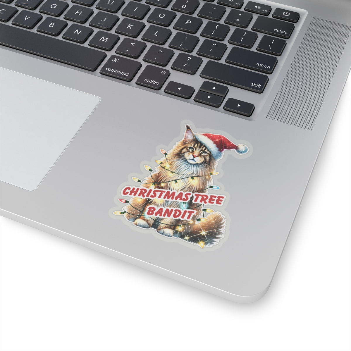 Christmas Tree Bandit Sticker, Maine Coon Cat Kiss Cut Sticker, Funny Xmas Cat Gift, Holiday Vinyl Sticker, Festive Laptop Journal Planner Art
