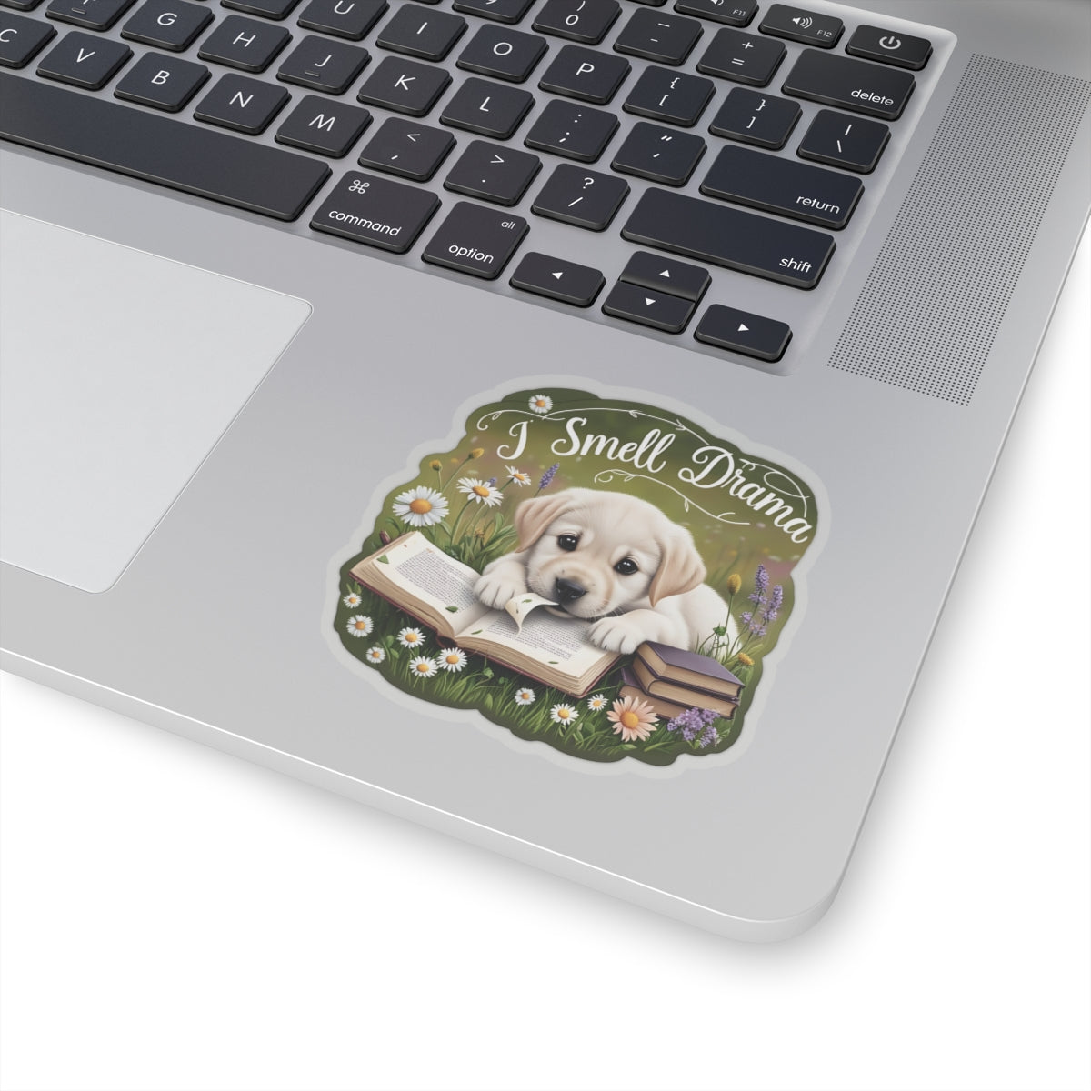 I Smell Drama Sticker, Cute Labrador Puppy Book Lover Gift, Reading Dog Vinyl Sticker, Daisy Meadow Decor, Waterproof Literary Dog Decal Gift