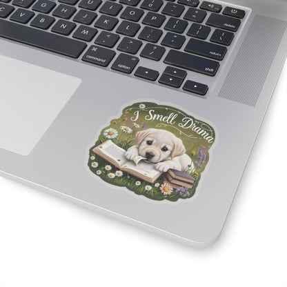 I Smell Drama Sticker, Cute Labrador Puppy Book Lover Gift, Reading Dog Vinyl Sticker, Daisy Meadow Decor, Waterproof Literary Dog Decal Gift