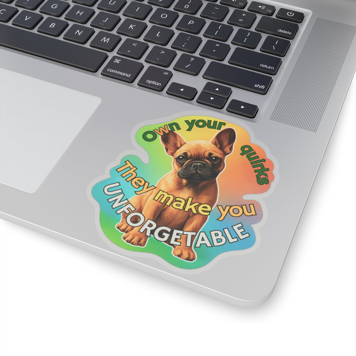 Own Your Quirks French Bulldog Vinyl Decal, Cute Dog Lover Gift Waterproof Sticker, Laptop Water Bottle Planner Funny Pet Sticker