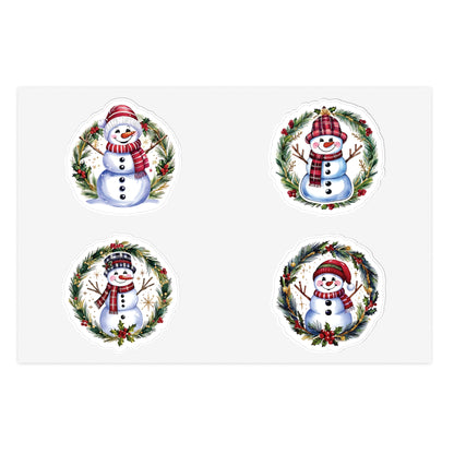 Four Snowman Sticker Set, Winter Holiday Decals, Christmas Snowmen Vinyl Stickers, Wreath Art For Laptop, Planner, Scrapbook, Mug,Journal