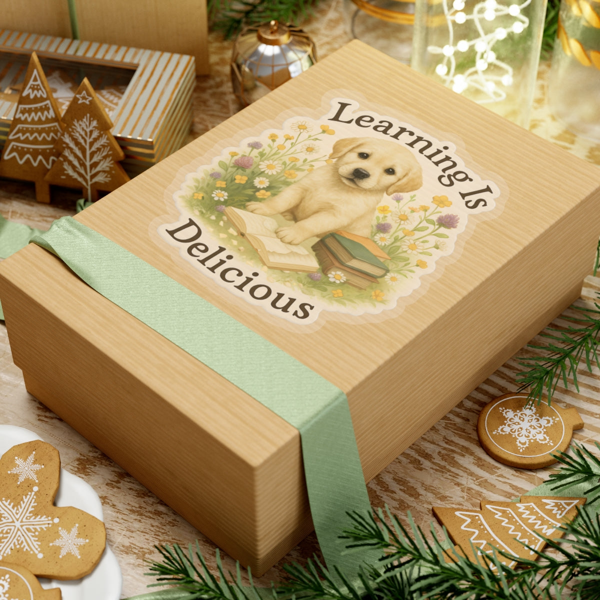 Learning Is Delicious Sticker, Yellow Labrador Puppy Reading Book Sticker, Wildflower Meadow Dog Vinyl Decal, Cute Bookish Gift For Dog Lovers