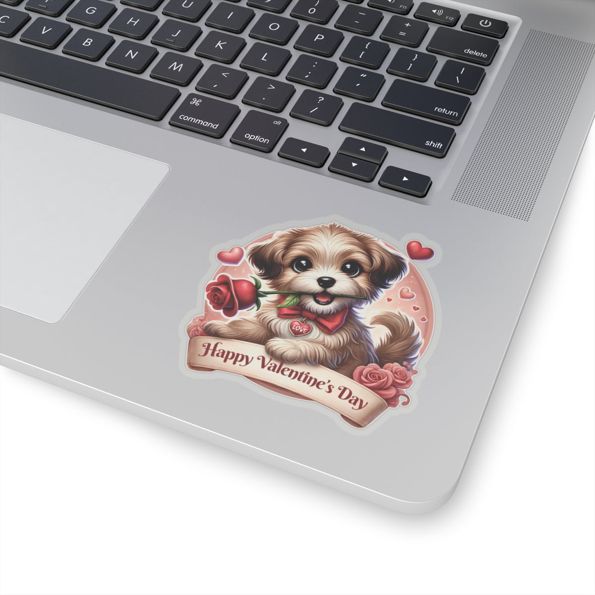 Valentines Day Puppy Sticker, Cute Dog With Rose, Gift For Her, Romantic Vinyl Decal Heart Bow Kiss Cut Waterproof Laptop Water Bottle Journal
