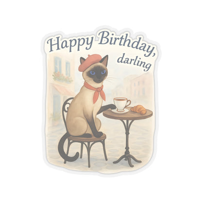 Happy Birthday Sticker, Cute Siamese Cat French Cafe Drinking Coffee, Watercolor Birthday Card Alternative, Cat Birthday Sticker, Cat Lover Gift