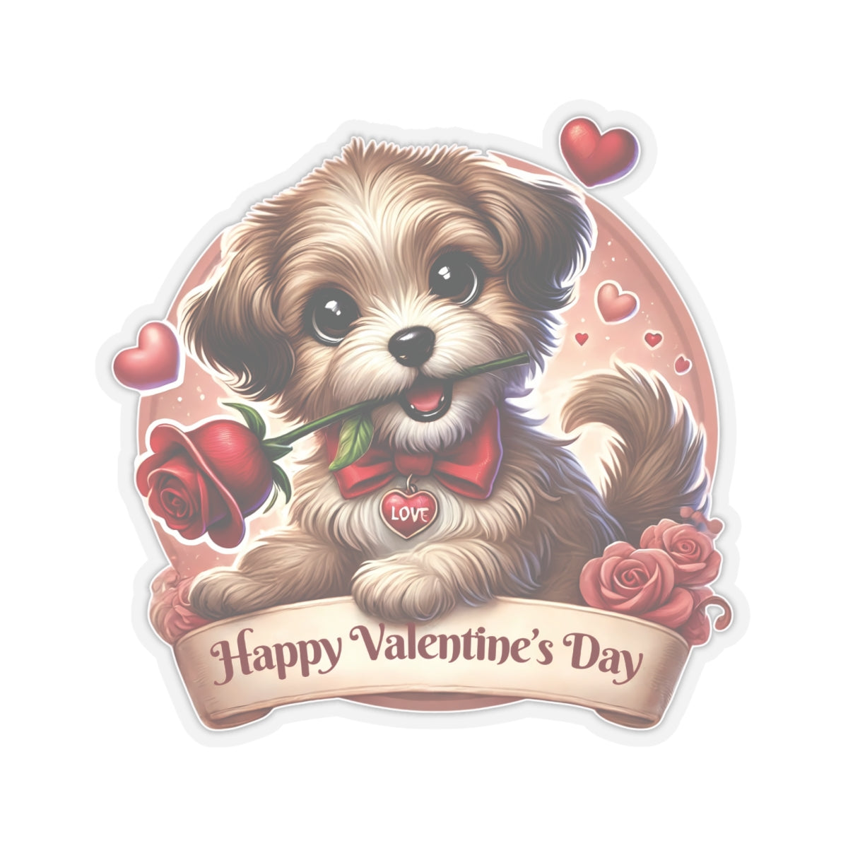 Valentines Day Puppy Sticker, Cute Dog With Rose, Gift For Her, Romantic Vinyl Decal Heart Bow Kiss Cut Waterproof Laptop Water Bottle Journal