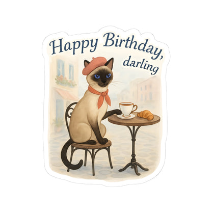 Happy Birthday Sticker, Cute Siamese Cat French Cafe Drinking Coffee, Watercolor Birthday Card Alternative, Cat Birthday Sticker, Cat Lover Gift