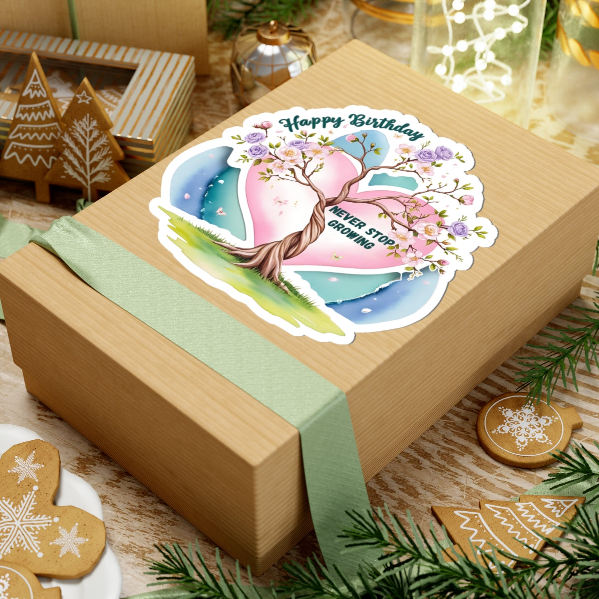 Happy Birthday Sticker, Never Stop Growing Floral Watercolor Wreath Vinyl Sticker, Encouragement Gift Uplifting Birthday Quote Art Gift