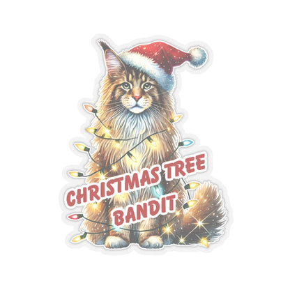Christmas Tree Bandit Sticker, Maine Coon Cat Kiss Cut Sticker, Funny Xmas Cat Gift, Holiday Vinyl Sticker, Festive Laptop Journal Planner Art