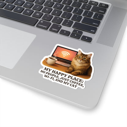 My Happy Place Sticker, Maine Coon Cat WiFi Coffee Introvert Vinyl Sticker, Realistic Cat Lover Gift, Cozy Office Decor Waterproof Laptop Decal
