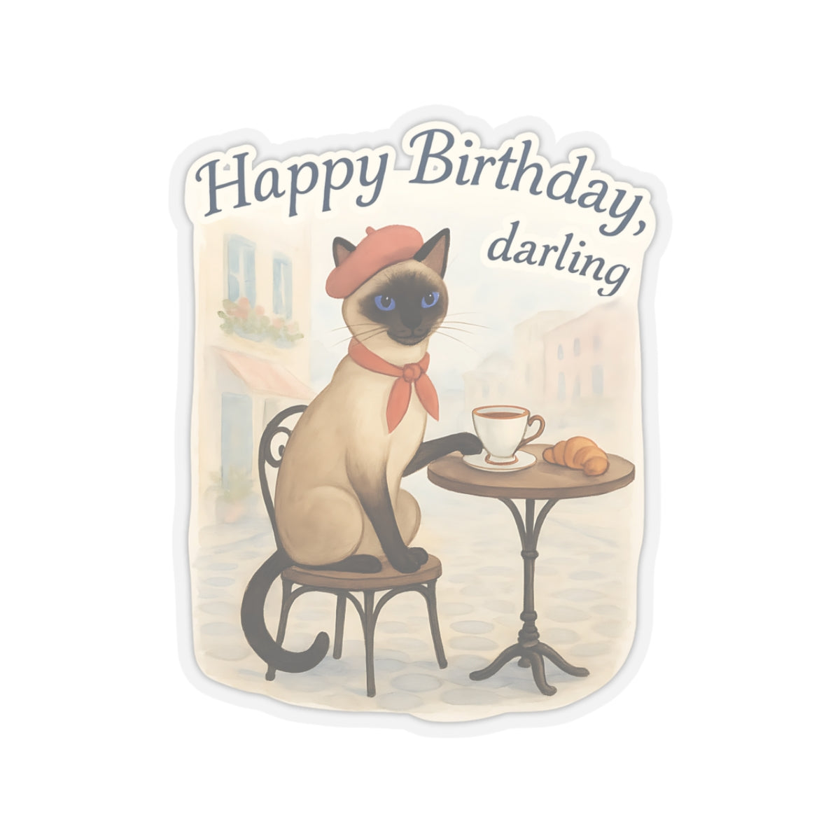 Happy Birthday Sticker, Cute Siamese Cat French Cafe Drinking Coffee, Watercolor Birthday Card Alternative, Cat Birthday Sticker, Cat Lover Gift