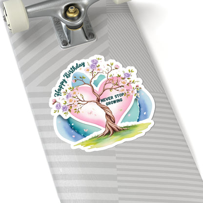 Happy Birthday Sticker, Never Stop Growing Floral Watercolor Wreath Vinyl Sticker, Encouragement Gift Uplifting Birthday Quote Art Gift