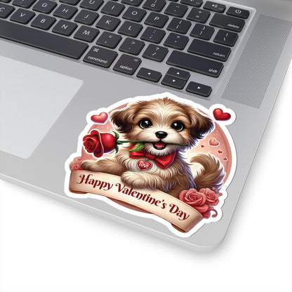 Valentines Day Puppy Sticker, Cute Dog With Rose, Gift For Her, Romantic Vinyl Decal Heart Bow Kiss Cut Waterproof Laptop Water Bottle Journal