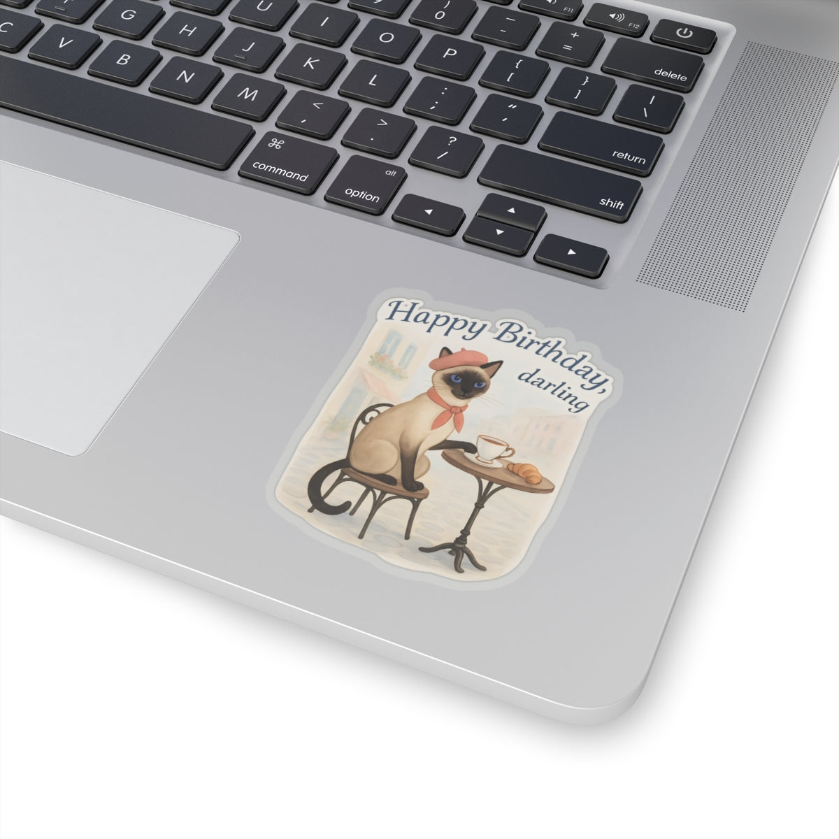 Happy Birthday Sticker, Cute Siamese Cat French Cafe Drinking Coffee, Watercolor Birthday Card Alternative, Cat Birthday Sticker, Cat Lover Gift