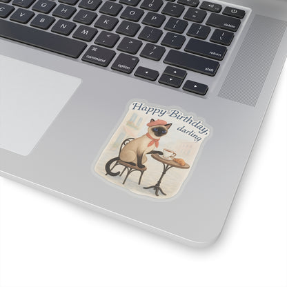 Happy Birthday Sticker, Cute Siamese Cat French Cafe Drinking Coffee, Watercolor Birthday Card Alternative, Cat Birthday Sticker, Cat Lover Gift