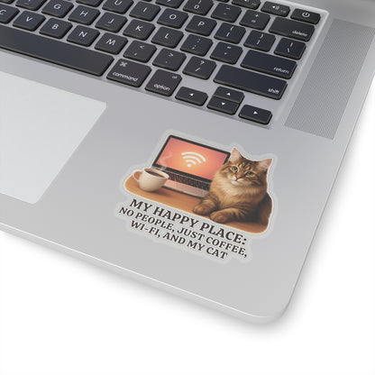 My Happy Place Sticker, Maine Coon Cat WiFi Coffee Introvert Vinyl Sticker, Realistic Cat Lover Gift, Cozy Office Decor Waterproof Laptop Decal