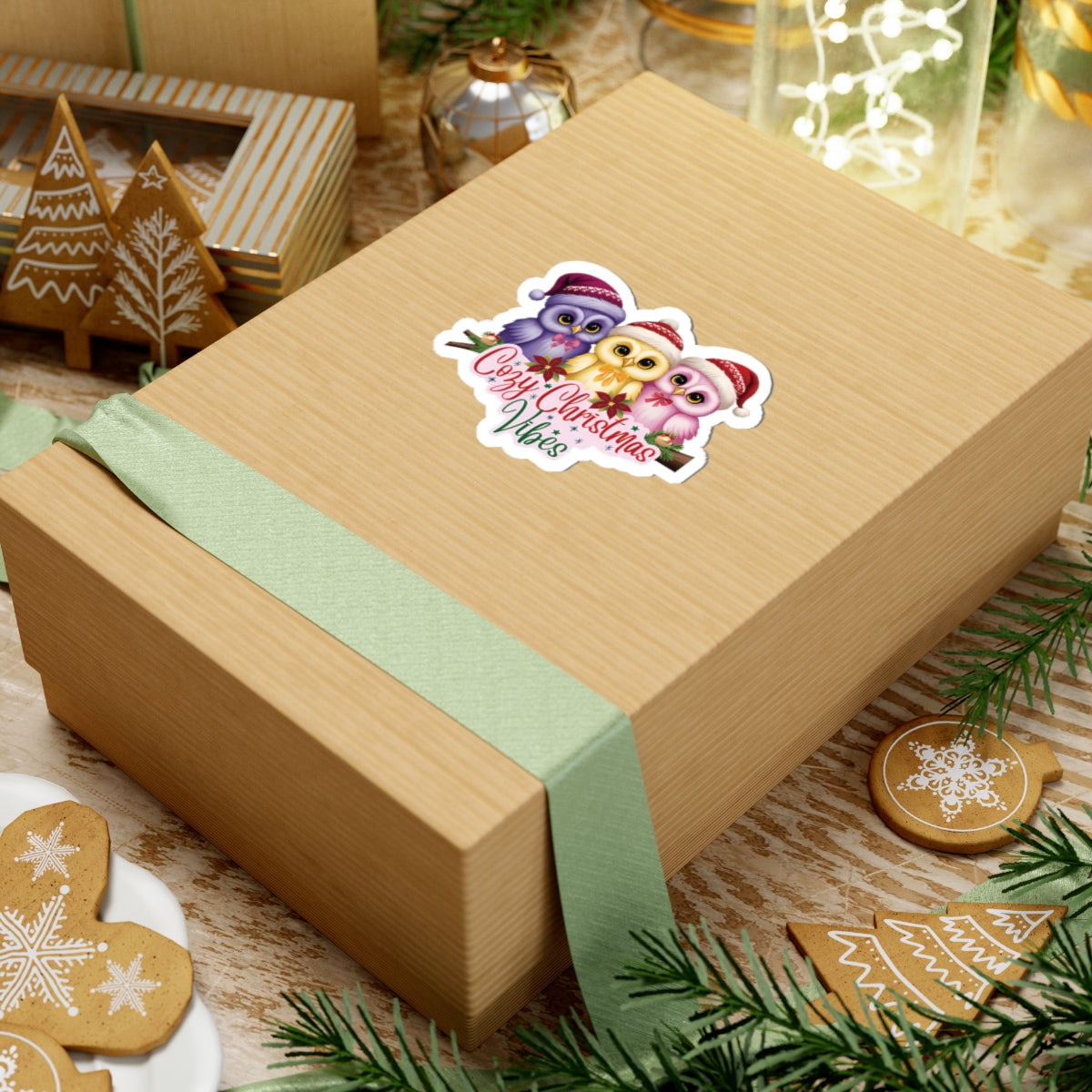 Cozy Christmas Vibes Owl Sticker, Cute Winter Holiday Sticker, Kiss Cut Waterproof Vinyl Sticker, Festive Gift Idea For Planners Scrapbooks