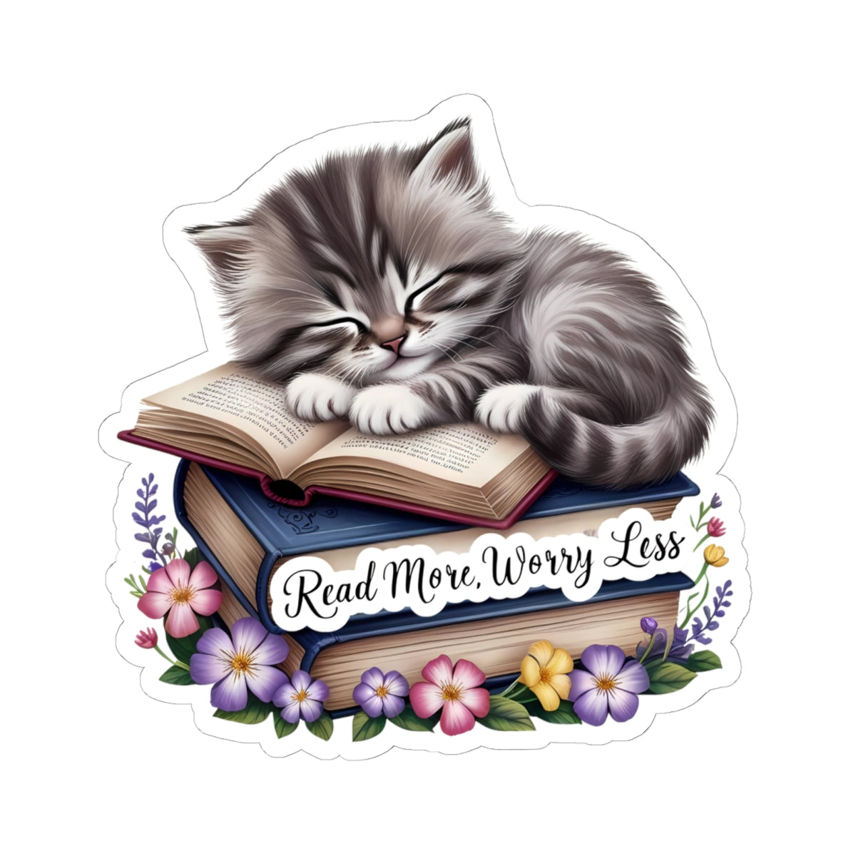 Read More Worry Less Sticker, Cute Kitten Book Lover Vinyl Sticker, Waterproof Cat Lover Sticker, Laptop Decal Planner Journal Sticker