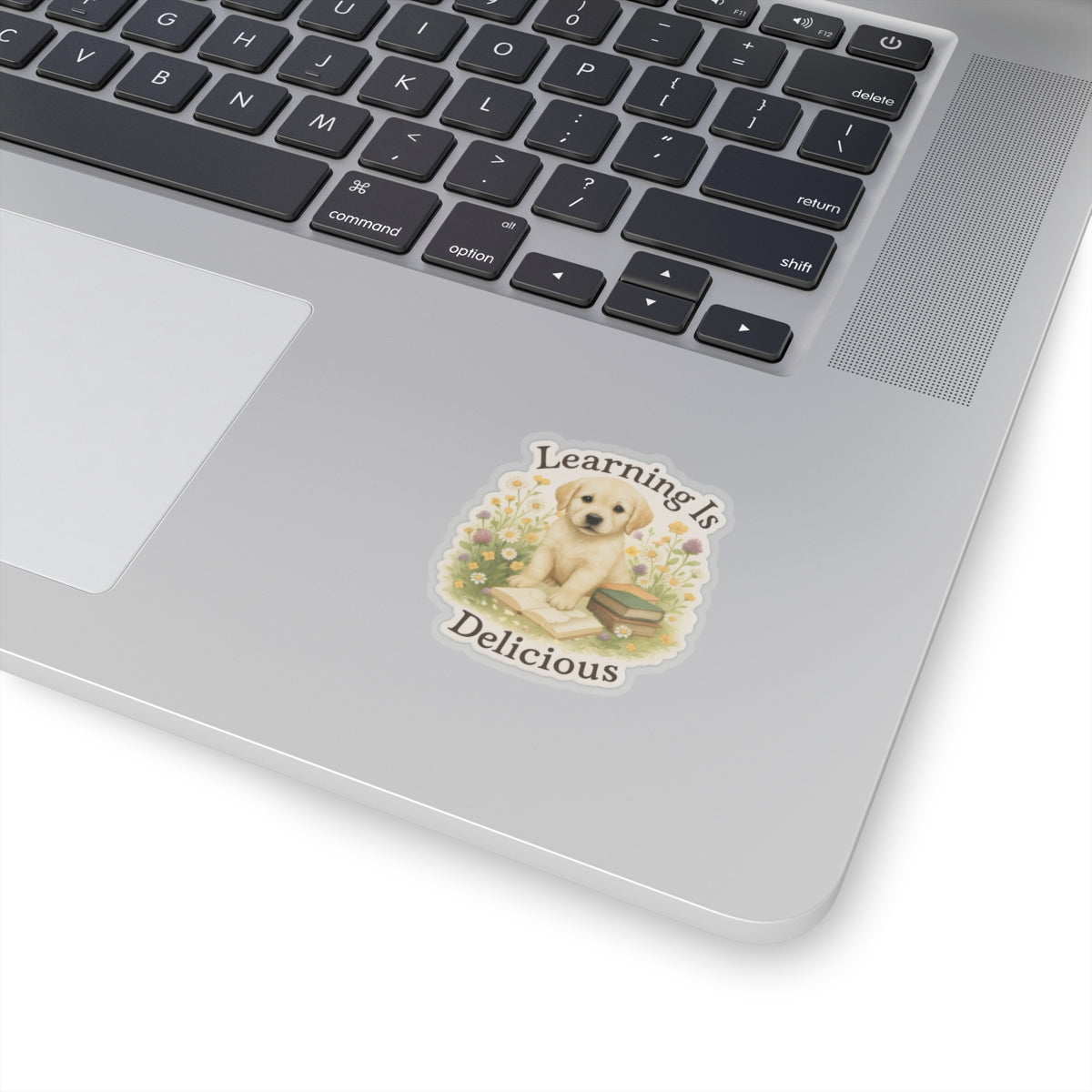 Learning Is Delicious Sticker, Yellow Labrador Puppy Reading Book Sticker, Wildflower Meadow Dog Vinyl Decal, Cute Bookish Gift For Dog Lovers