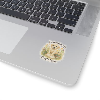 Learning Is Delicious Sticker, Yellow Labrador Puppy Reading Book Sticker, Wildflower Meadow Dog Vinyl Decal, Cute Bookish Gift For Dog Lovers