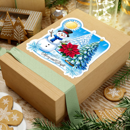 Merry Bright Snowman Sticker, Christmas Kiss Cut Sticker, Cute Winter Holiday Sticker, Festive Gift Idea, Waterproof Vinyl Sticker For Planners