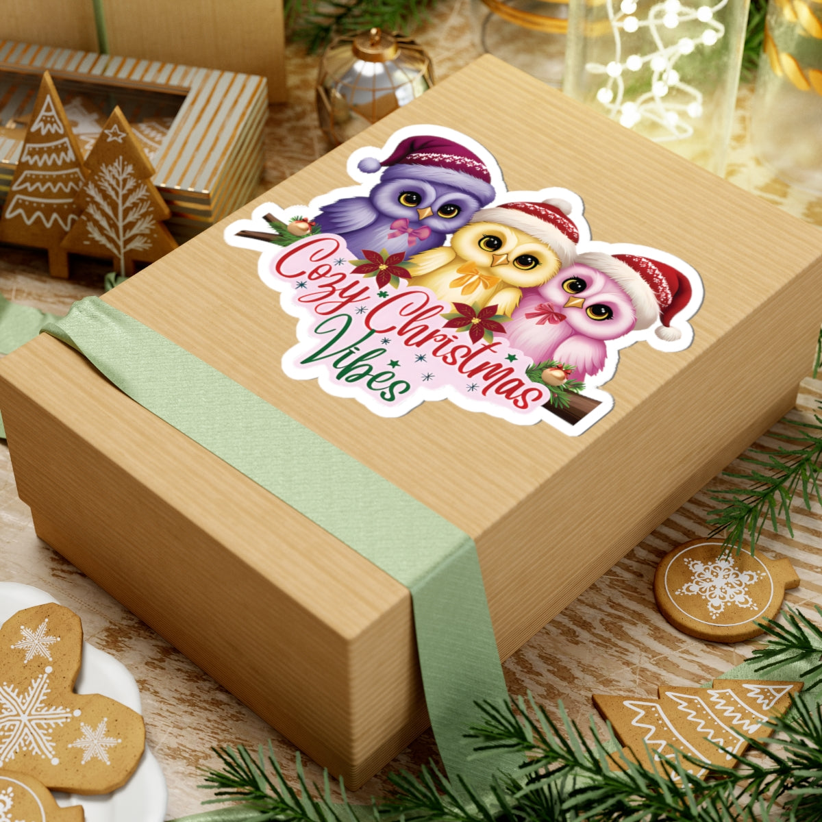 Cozy Christmas Vibes Owl Sticker, Cute Winter Holiday Sticker, Kiss Cut Waterproof Vinyl Sticker, Festive Gift Idea For Planners Scrapbooks