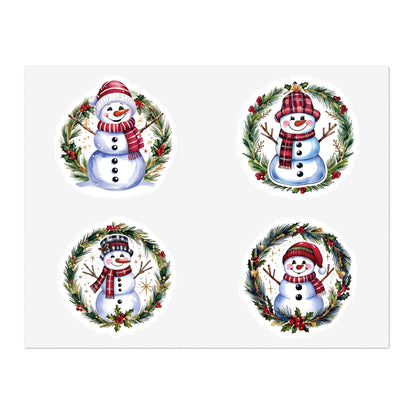 Four Snowman Sticker Set, Winter Holiday Decals, Christmas Snowmen Vinyl Stickers, Wreath Art For Laptop, Planner, Scrapbook, Mug,Journal