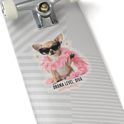 Drama Level: Diva Sticker, Funny Small Dog Attitude Vinyl Sticker, Pink Feather Boa Glam Pup, Gift For Pet Lovers Sassy Waterproof Decal