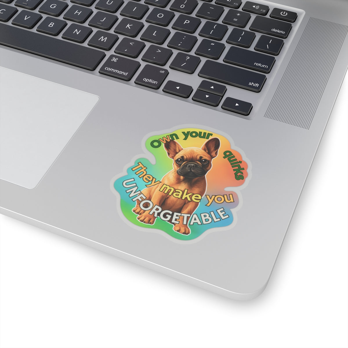 Own Your Quirks French Bulldog Vinyl Decal, Cute Dog Lover Gift Waterproof Sticker, Laptop Water Bottle Planner Funny Pet Sticker