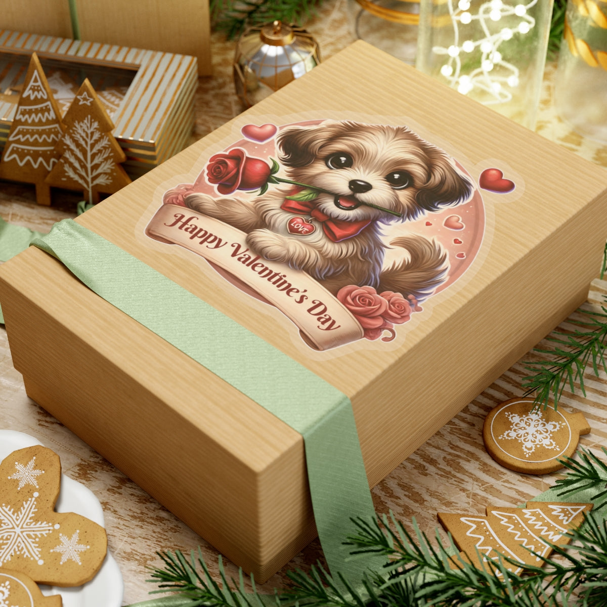 Valentines Day Puppy Sticker, Cute Dog With Rose, Gift For Her, Romantic Vinyl Decal Heart Bow Kiss Cut Waterproof Laptop Water Bottle Journal