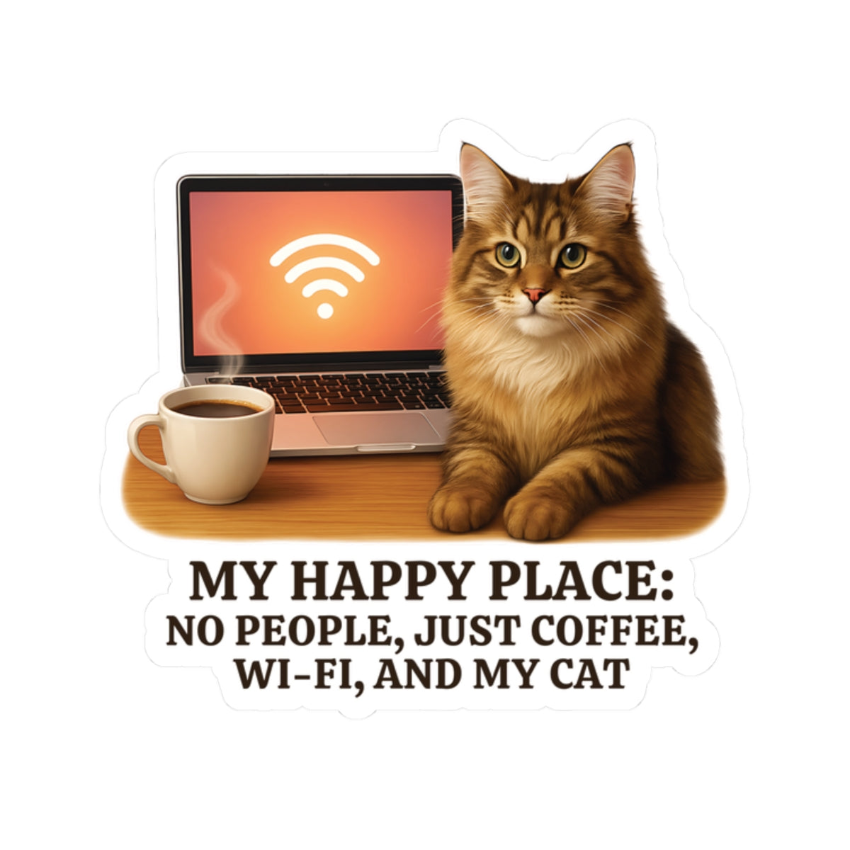 My Happy Place Sticker, Maine Coon Cat WiFi Coffee Introvert Vinyl Sticker, Realistic Cat Lover Gift, Cozy Office Decor Waterproof Laptop Decal