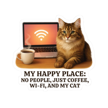 My Happy Place Sticker, Maine Coon Cat WiFi Coffee Introvert Vinyl Sticker, Realistic Cat Lover Gift, Cozy Office Decor Waterproof Laptop Decal