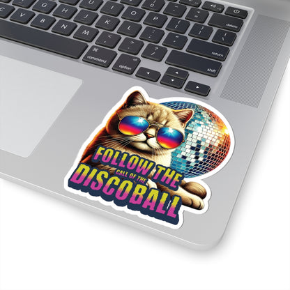 Follow The Call Of The Disco Ball Cat Sticker, Retro 70s Vinyl Waterproof Durable Laptop, Water Bottle Sticker