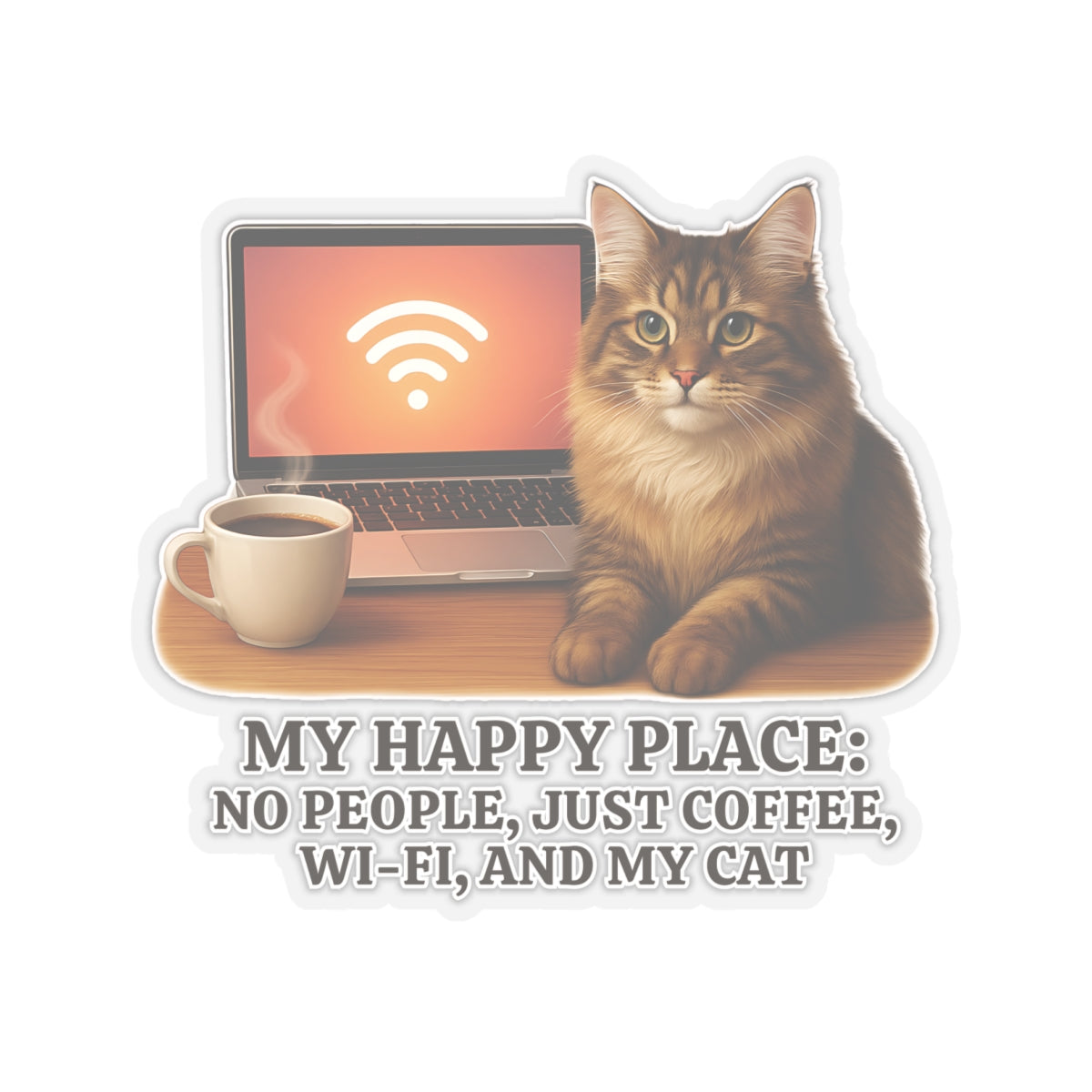 My Happy Place Sticker, Maine Coon Cat WiFi Coffee Introvert Vinyl Sticker, Realistic Cat Lover Gift, Cozy Office Decor Waterproof Laptop Decal