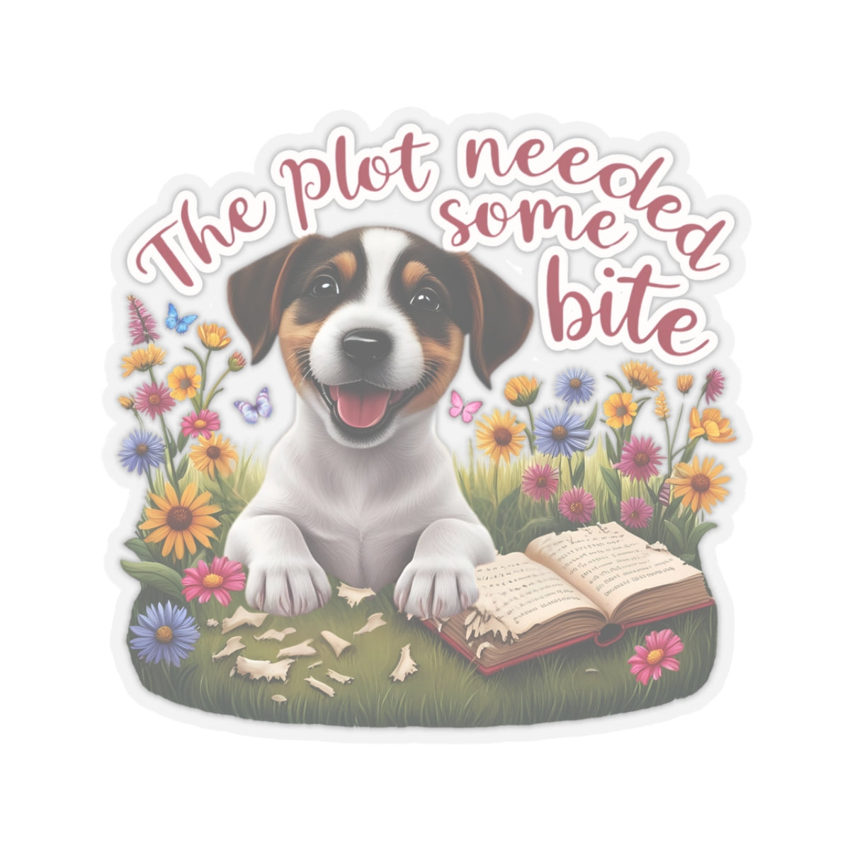The Plot Needed Some Bite Sticker, Funny Jack Russell Book Lover Gift, Cute Puppy Reading Decal, Whimsical Animal Themed Kiss Cut Sticker