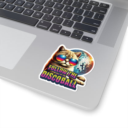 Follow The Call Of The Disco Ball Cat Sticker, Retro 70s Vinyl Waterproof Durable Laptop, Water Bottle Sticker