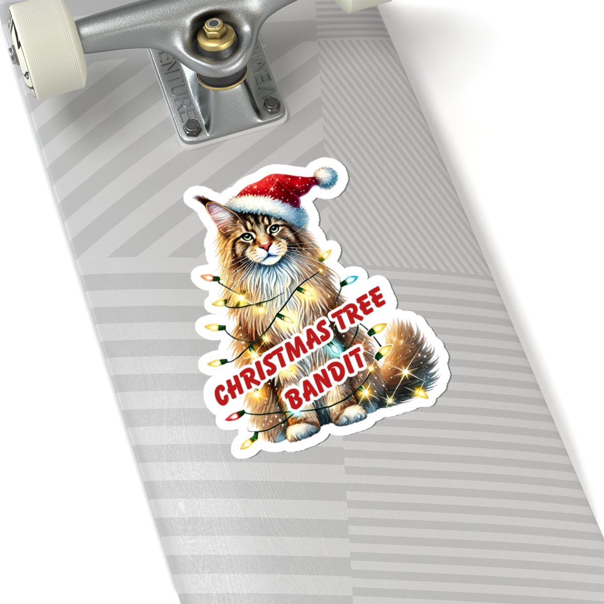 Christmas Tree Bandit Sticker, Maine Coon Cat Kiss Cut Sticker, Funny Xmas Cat Gift, Holiday Vinyl Sticker, Festive Laptop Journal Planner Art