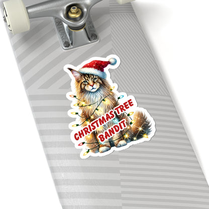 Christmas Tree Bandit Sticker, Maine Coon Cat Kiss Cut Sticker, Funny Xmas Cat Gift, Holiday Vinyl Sticker, Festive Laptop Journal Planner Art